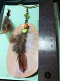 Green Cat's Eye Glass, Feather and Leather Pendant and Stainless Earrings