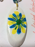 Yellow and Bright Blue Hand Painted Pendant with Stainless Earrings