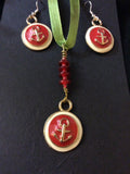 Classic Red and Gold Enameled Pendant and Stainless Earrings
