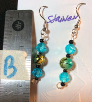 Yellow Blue Metalic Glass Bead Stainless Earrings
