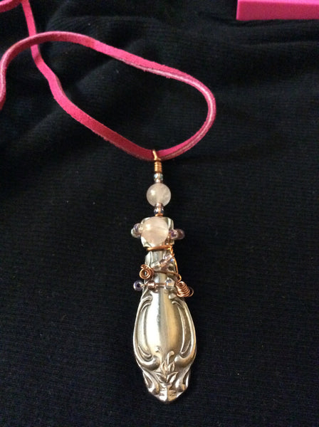 Spoon Necklace with Rose Quartz Beads