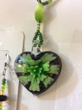 Green Flower Heart Shaped Lampwork Necklace and Stainless Earrings