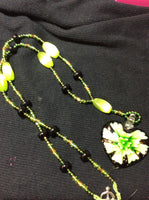 Green Flower Heart Shaped Lampwork Necklace and Stainless Earrings