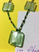 Green Glass Squares with Silver Leaf Necklace