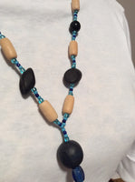 Denim Wood Bead and Glass Bead Handmade Necklace