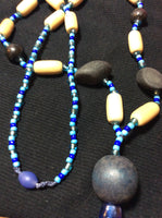 Denim Wood Bead and Glass Bead Handmade Necklace