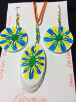 Blue and Yellow Hand Painted  Flower Pendant and Stainless Earrings