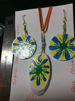 Blue and Yellow Hand Painted  Flower Pendant and Stainless Earrings