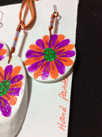 Fuchsia and Orange Hand Painted Pendant and Stainless Earrings