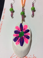 Purple and Neon Pink Hand Painted Pendant and Stainless Earrings