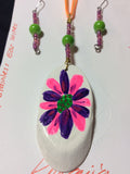 Purple and Neon Pink Hand Painted Pendant and Stainless Earrings