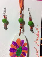 Orange and Fuchsia Hand Painted Pendant and Stainless Earrings.