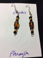 Black Glass and Topaz Crystal Handmade Stainless Earrings