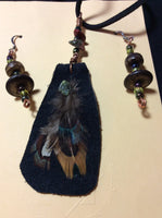 Black Leather and Feather Pendant and Stainless Earrings
