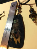 Black Leather and Feather Pendant and Stainless Earrings