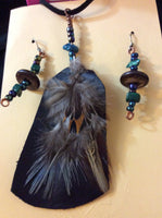 Feather, Leather and Glass Pendant and Stainless Earrings