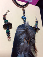 Feather, Leather and Glass Pendant and Stainless Earrings