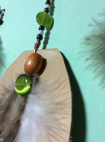Green Cat's Eye Glass, Feather and Leather Pendant and Stainless Earrings