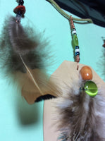 Green Cat's Eye Glass, Feather and Leather Pendant and Stainless Earrings