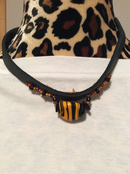 Black and Orange Art Glass Leather Necklace