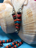 Coral, Tourquoise and Brown Coconut Bead Earrings