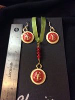 Classic Red and Gold Enameled Pendant and Stainless Earrings