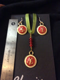 Classic Red and Gold Enameled Pendant and Stainless Earrings