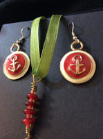 Classic Red and Gold Enameled Pendant and Stainless Earrings