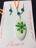 Yellow and Bright Blue Hand Painted Pendant with Stainless Earrings